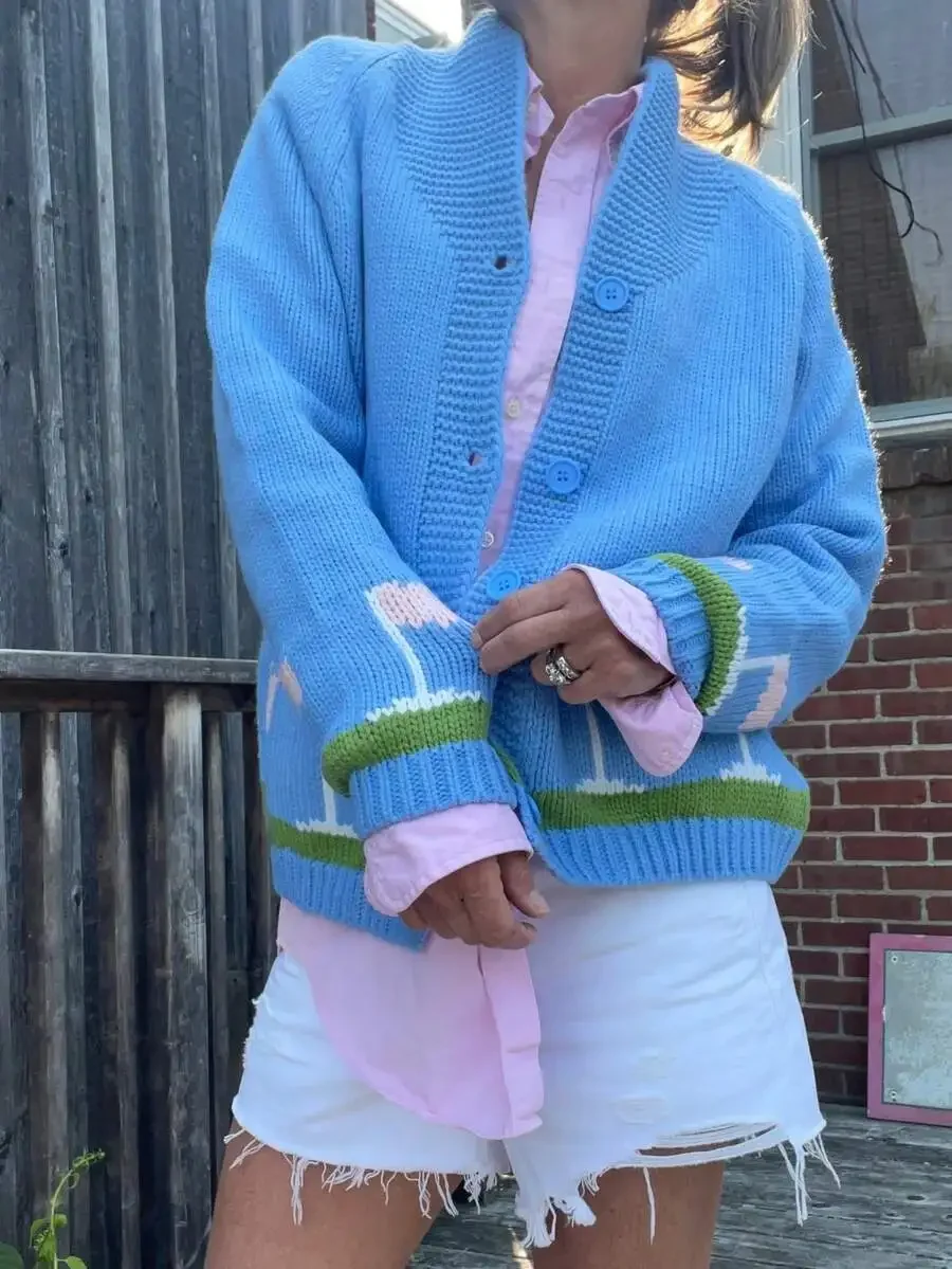 Women Y2K Graphic Print Knit Cardigan Sweater