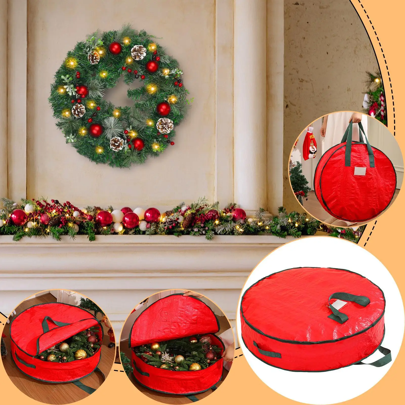 Christmas Wreath Storage Bag with Thickened Oxford Cloth Seasonal Holiday Wreath Storage Container with Handle and Zipper view 6