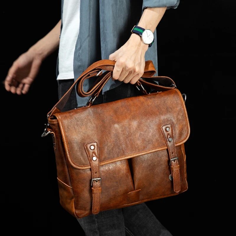 High Quality Handmade Vegetable Tanned Cowhide Men's Bag Leather Computer Handbag Casual Vintage Briefcase Shoulder Messenger