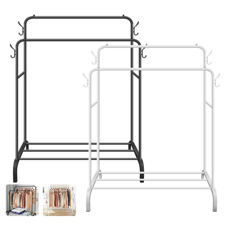 Dual Rails Standing Clothes Rack Clothing Racks Shoes Organizer Coat Hanger Living Room Furniture Storage Sh