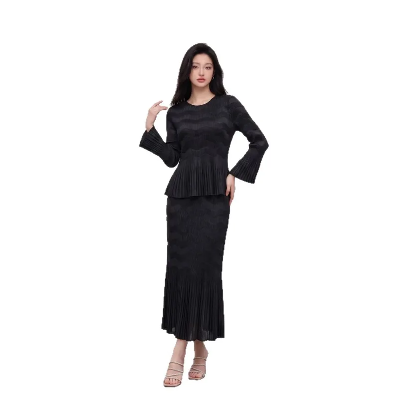 Miyake Pleated Skirt Set Plisse 2026 Autumn New High-End Light Luxury Plus Size Set Solid Color Elegant Half Skirt 2-Piece Set