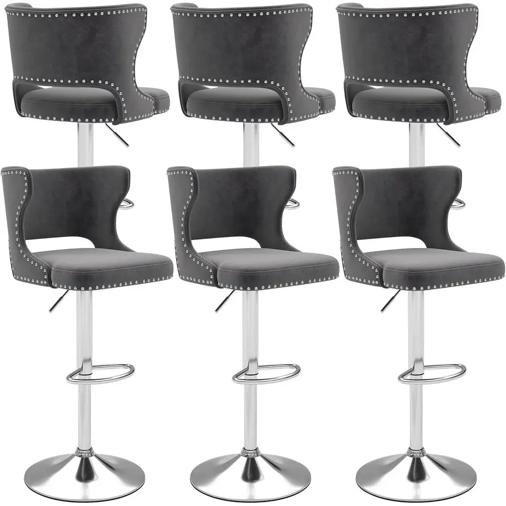 

Set of 6 Velvet Swivel Bar Stools, Adjustable Silver with Hollow Back and Footrest, Grey Upholstered for Kitchen Island or Dinin