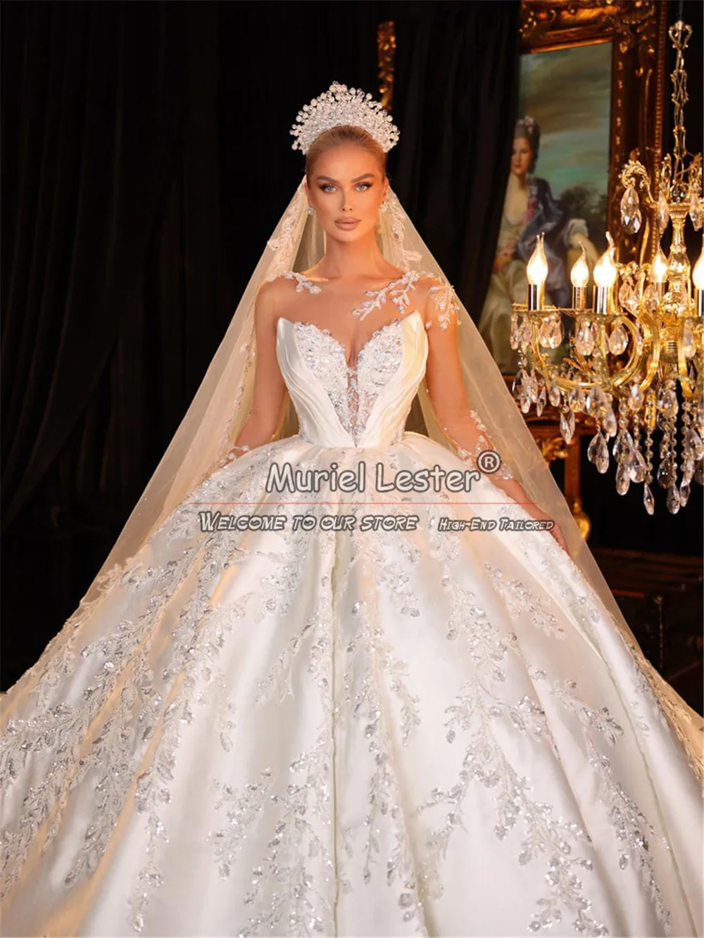 Exquisite Ivory Satin Wedding Dress Plus Size Full Sleeves O Neck Appliques Beaded Princess Ball Gown Robe De Mariee Customized