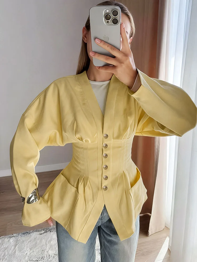 

NEW Women's Commuting Solid Long Sleeve Button Pocket Elegant Blouse Tops 2026 Spring NewBKQU Casual V-neck Waist Cincher Shirt