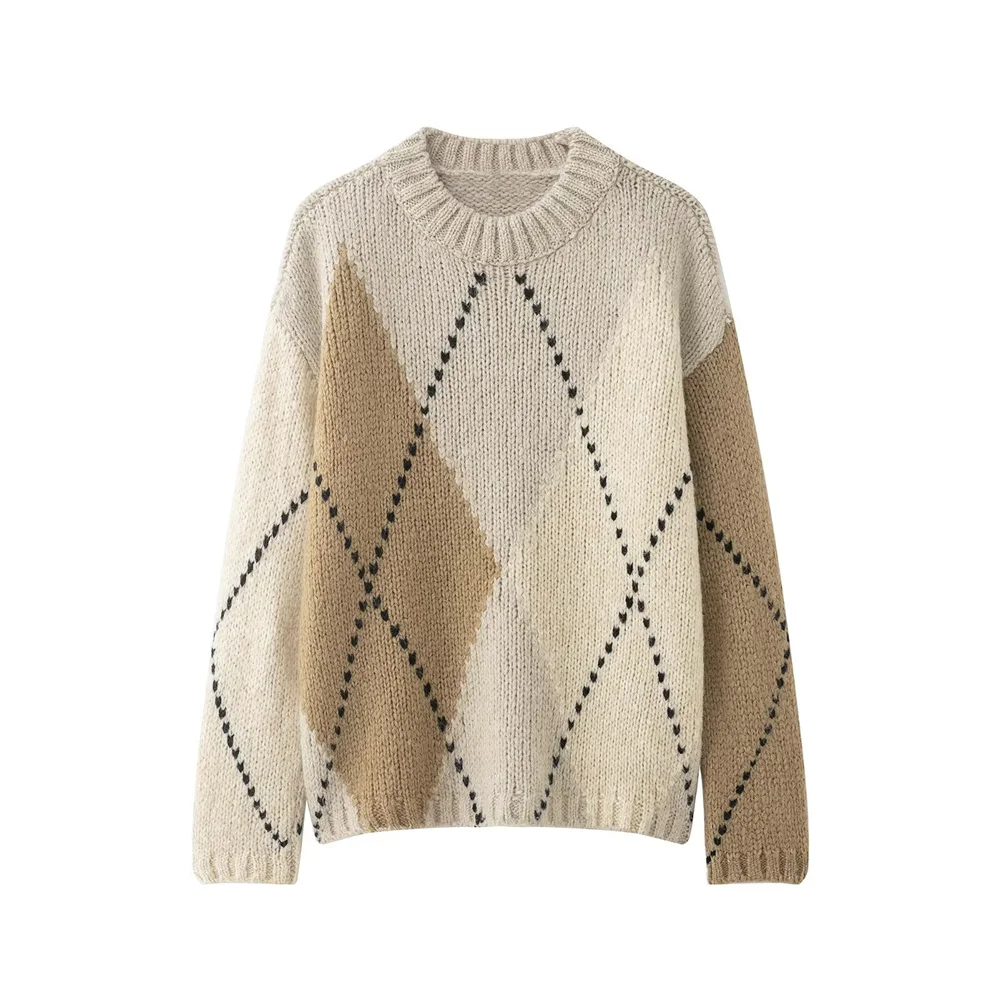 2025 겨울 신상 여성 패션 캐주얼 다용도 루즈 라운드넥 긴팔 풀오버 다이아몬드 패턴 니트 스웨터