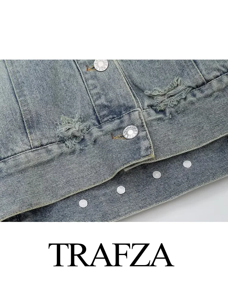 TRAFZA Autumn Women Loose Long Sleeve Solid Pockets Denim Jacket Female Turn-down Collar Single Breasted High Street Jacket