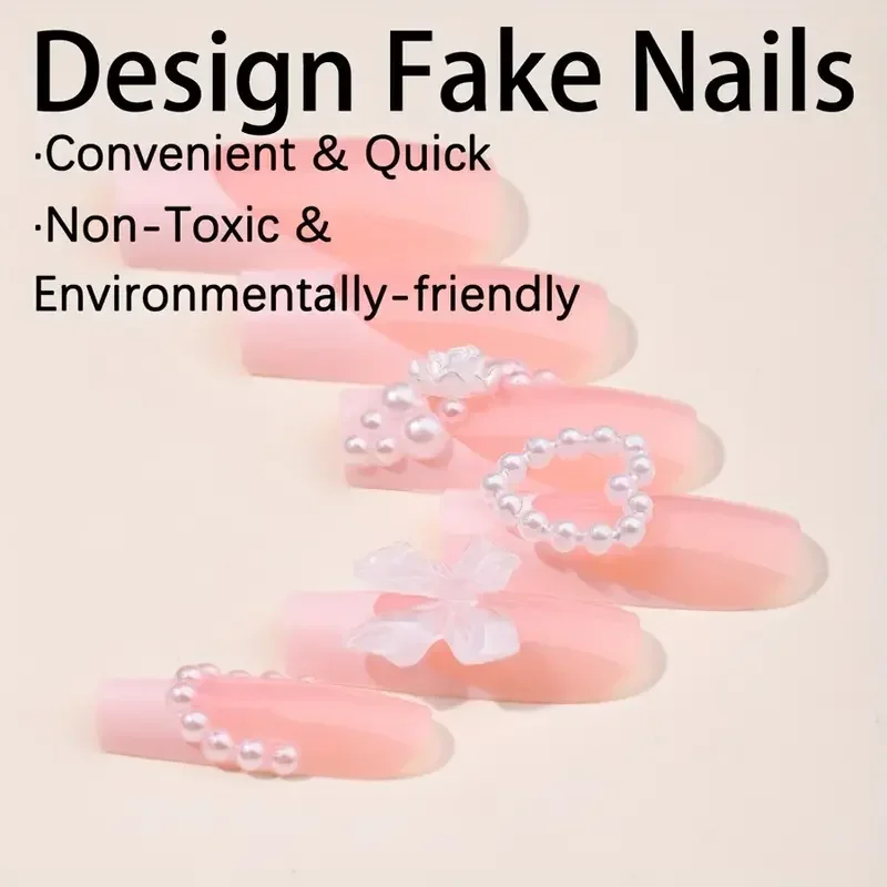 24Pcs Pink French Press-On Nails Set with 3D Pearls, Flowers& Bows Glossy Full Cover False Nails for Women &Girls False Nail