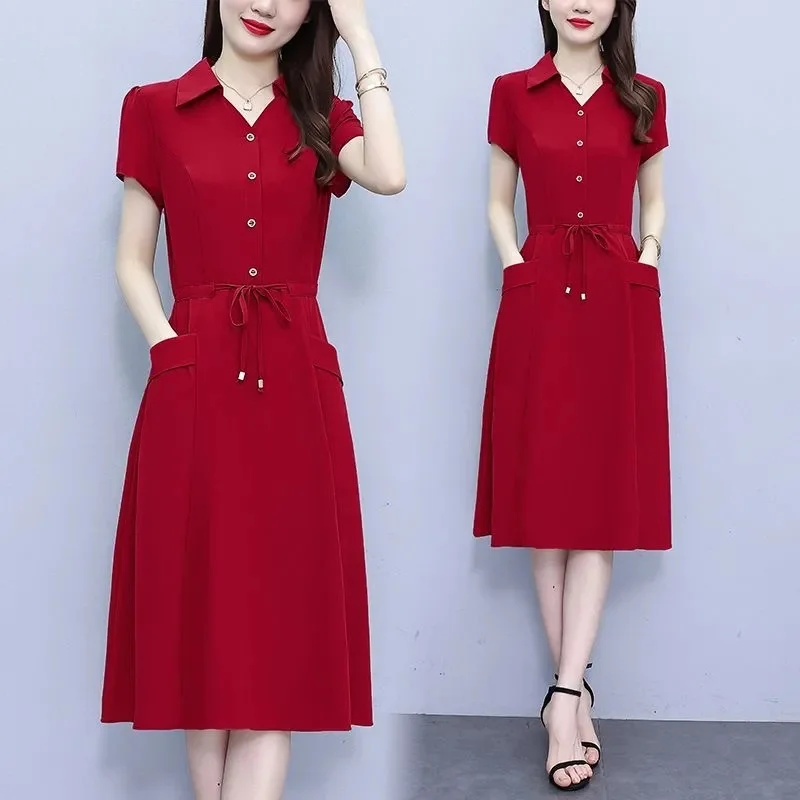 

Short Sleeved Dress for mothers fashionable waistband slimmer. Mid length A-line skirt 2023 new summer Solid color Dress Lace-Up