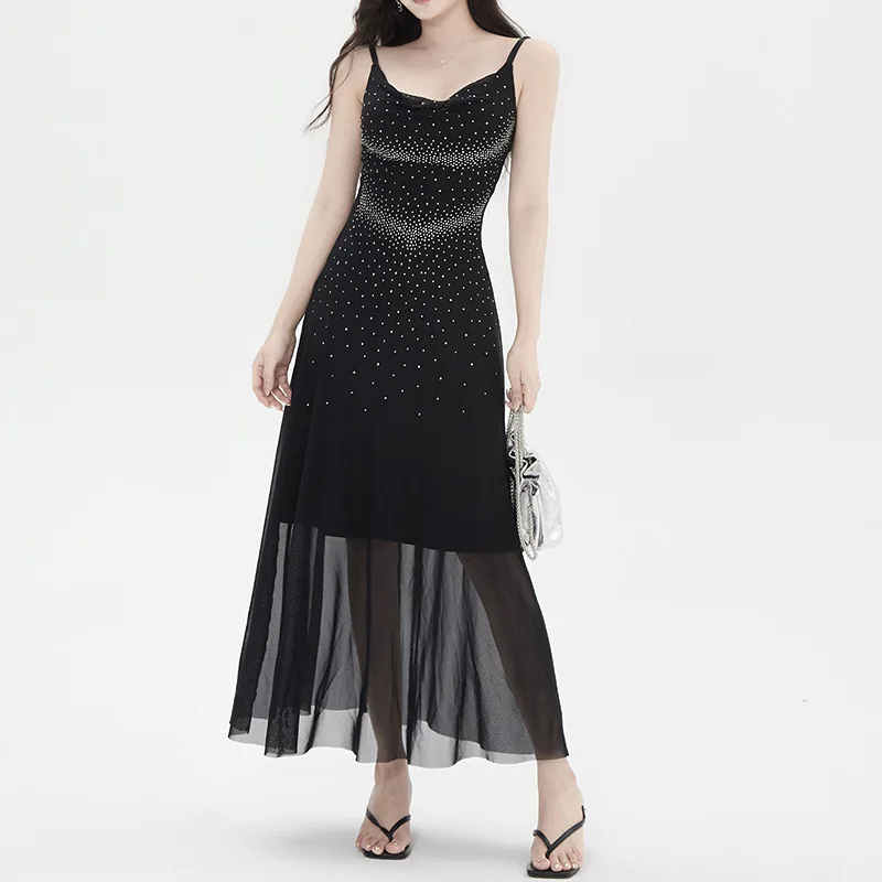 ฤดูร้อนผู้หญิงชุดยาวสีดํา Suspender ตาข่ายชุดผู้หญิง Vestidos Vestidos Femininos Vestido Longo Feminino Elegante