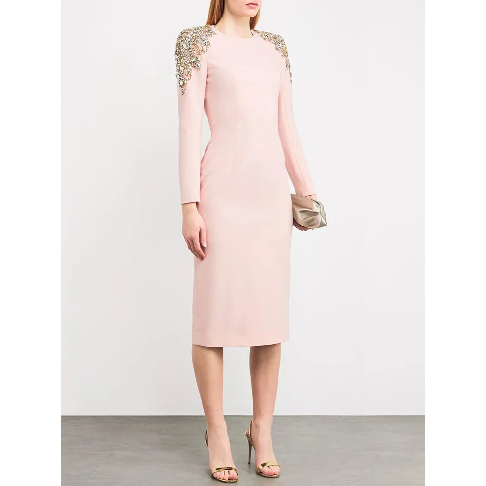 

Pink Midi Evening Dress O-Neck Long Sleeves Jersey Crystal Luxury Party Dress Tea Length Straight Prom Gown Customized