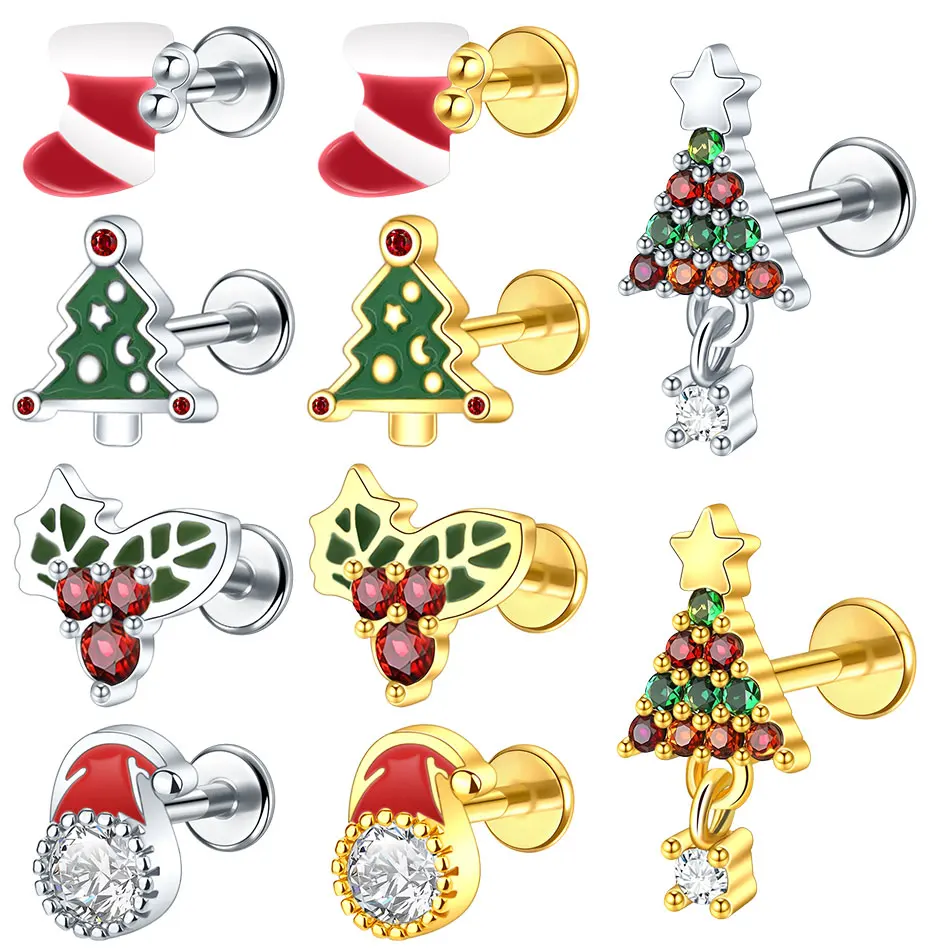 1/5PCS 16G Steel Lip Rings Flatback Labret Piercing Christmas Tree Ear Stud Cartilage Helix Earrings Jewelry Gifts for Women