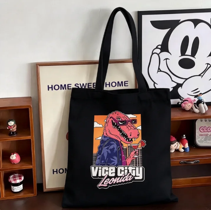 2026 Retro City Cartoon Crocodile With Sunglasses Graphic Canvas Tote Bag Large Shoulder Handbag For Daily Shopping