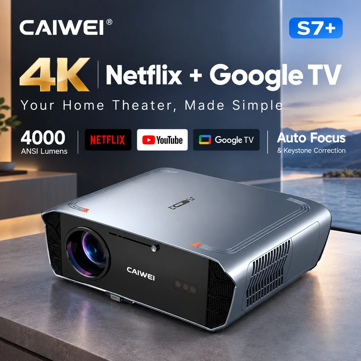Google CAIWEI S7+ 1080P 4k Ultra HD Projectors for Home Theater Google TV Smart Wifi 6 Auto Focus and Keystone 4000 ANSI Projector - Aliexpress Deal