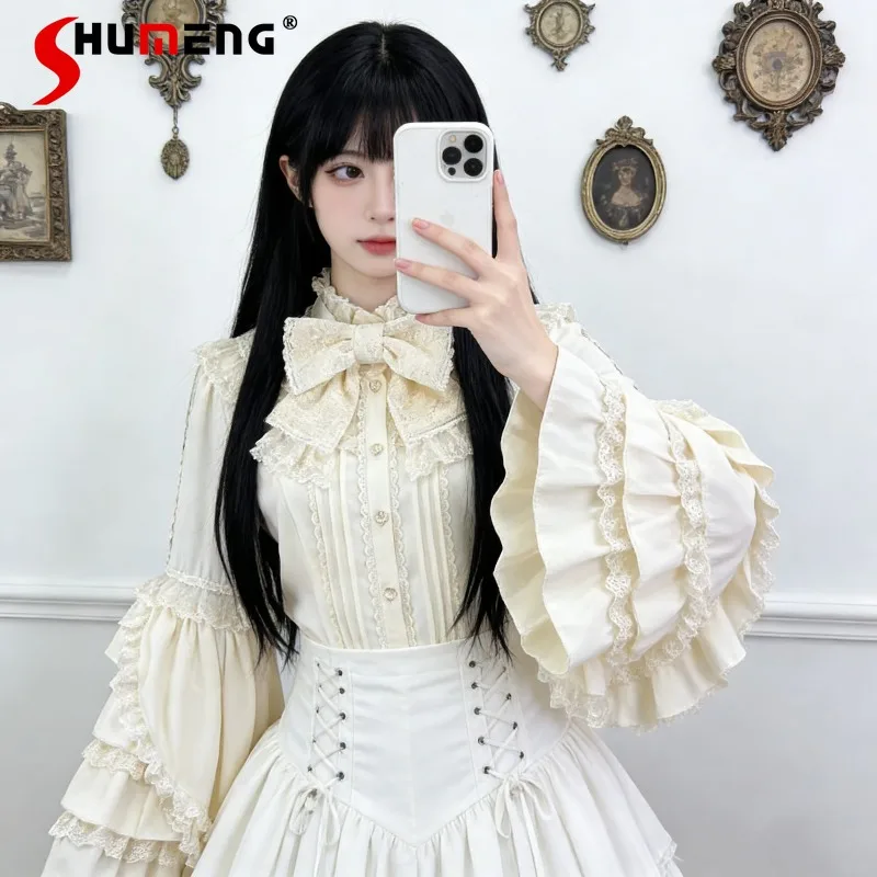 

Japanese Lolita Stand Collar White Lace Sleeveless Blouse Retro Slim-fit Single-breasted Inner Top Shirt For Women's Y2k Clothes