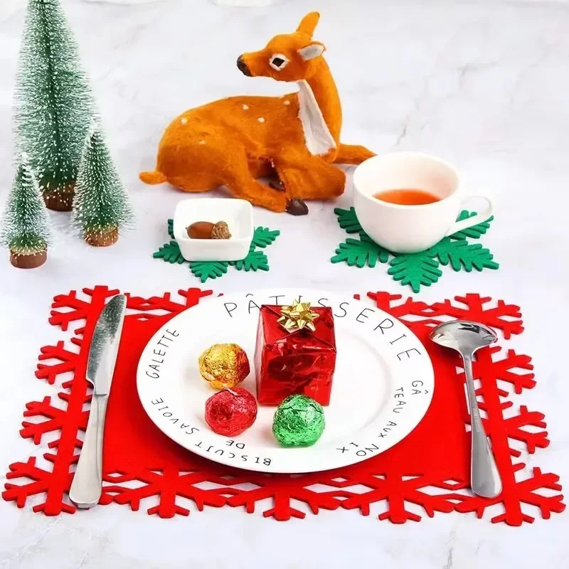 1 Pcs Christmas Theme Placemats Snowflake Shaped Felt Cup Mat Anti-Skid Table Placemat Christmas Decorations for Home Table