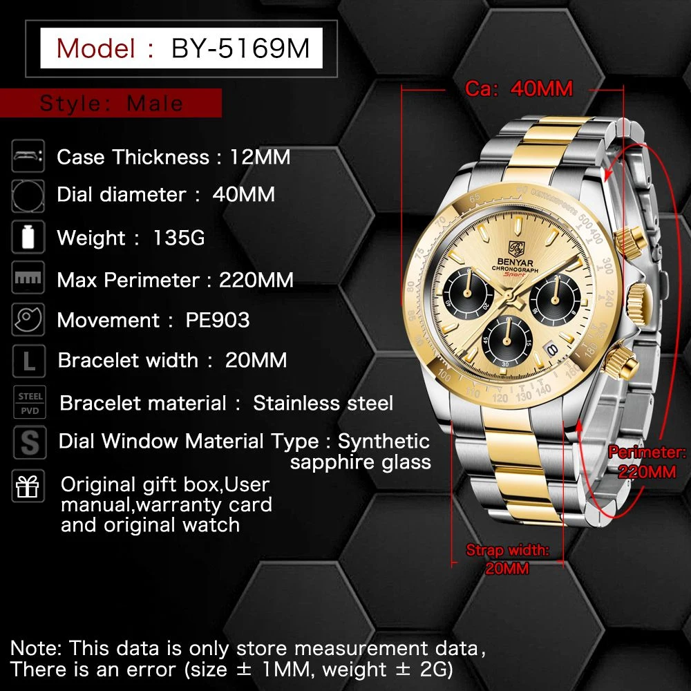 BENYAR ساعة عصرية فاخرة رياضية مضيئة متعددة الوظائف رمز التوقيت ساعة ستانلس ستيل مقاومة للماء عسكرية للرجال
