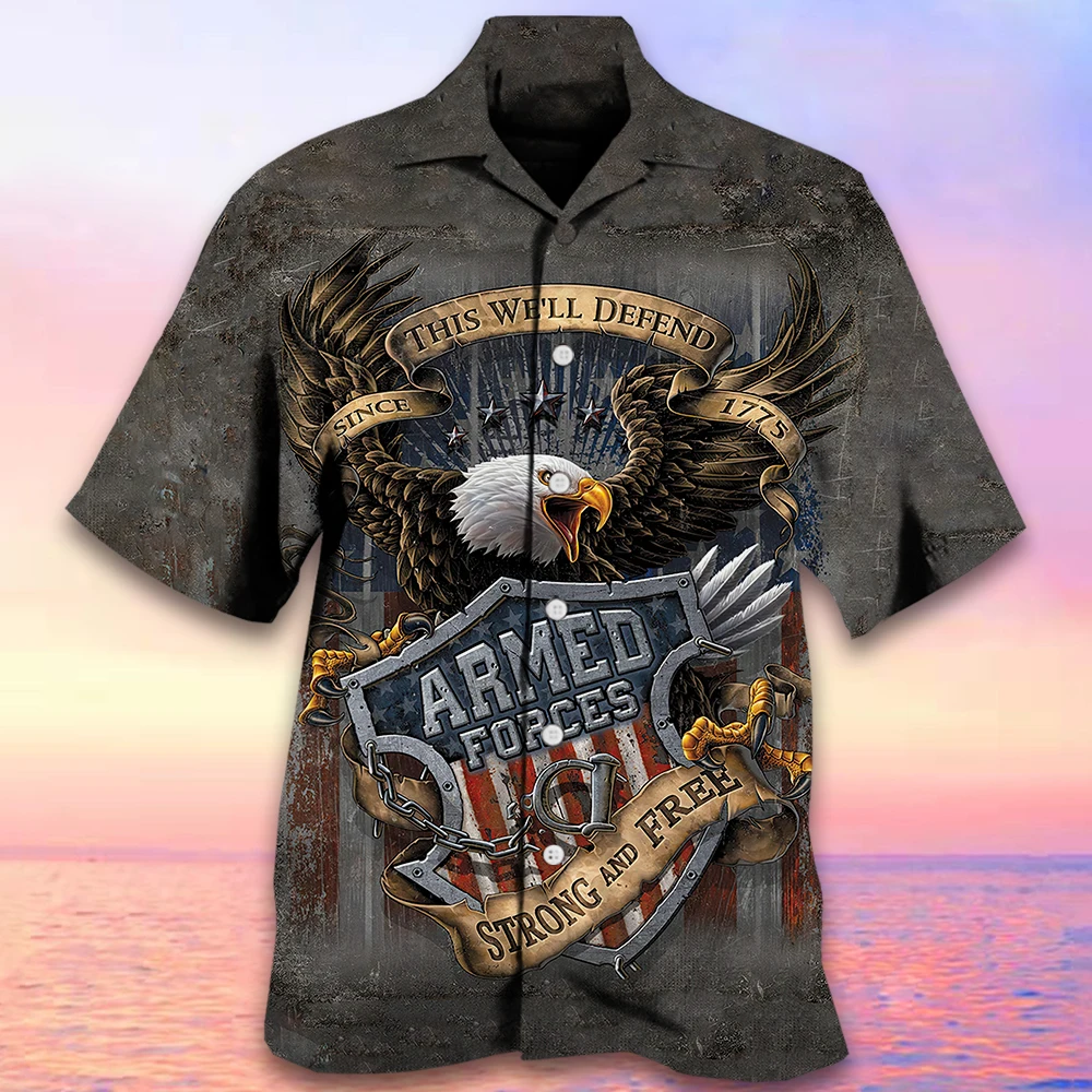 Retro Men's Shirt American Eagle Print Hawaiian Shirts For Men Short Sleeve Fashion Man Clothing Oversized Cuban Collar Shirts