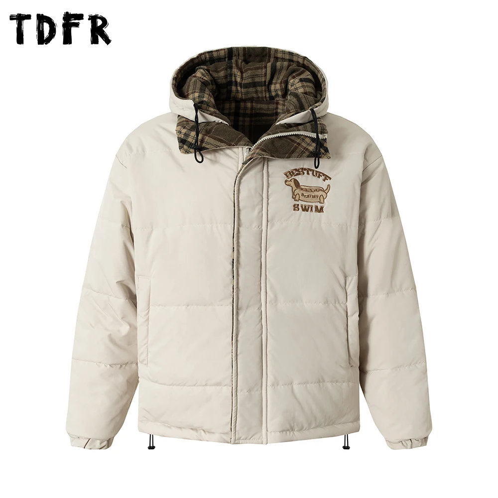 

Embroidery Plaid Double-sided Padded Jacket Mens Winter Thick Retro Casual Loose Embroidery Drawstring Hem Hooded Outerwear Man