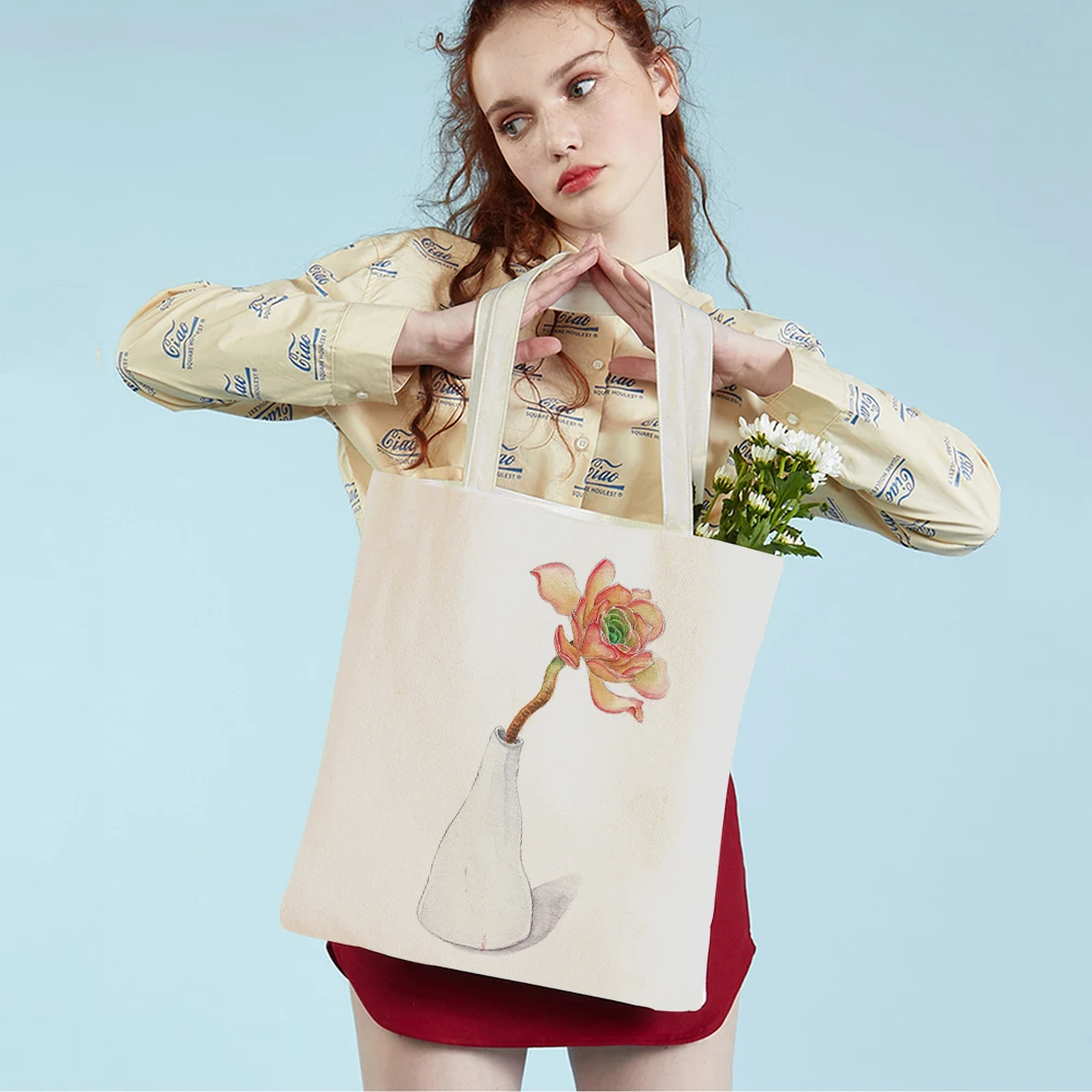 Fashion Cartoon Floral Shopping Shoulder Bag for Women Reusable Nordic Rose Flower Double Sided Print Casual Canvas Tote Handbag