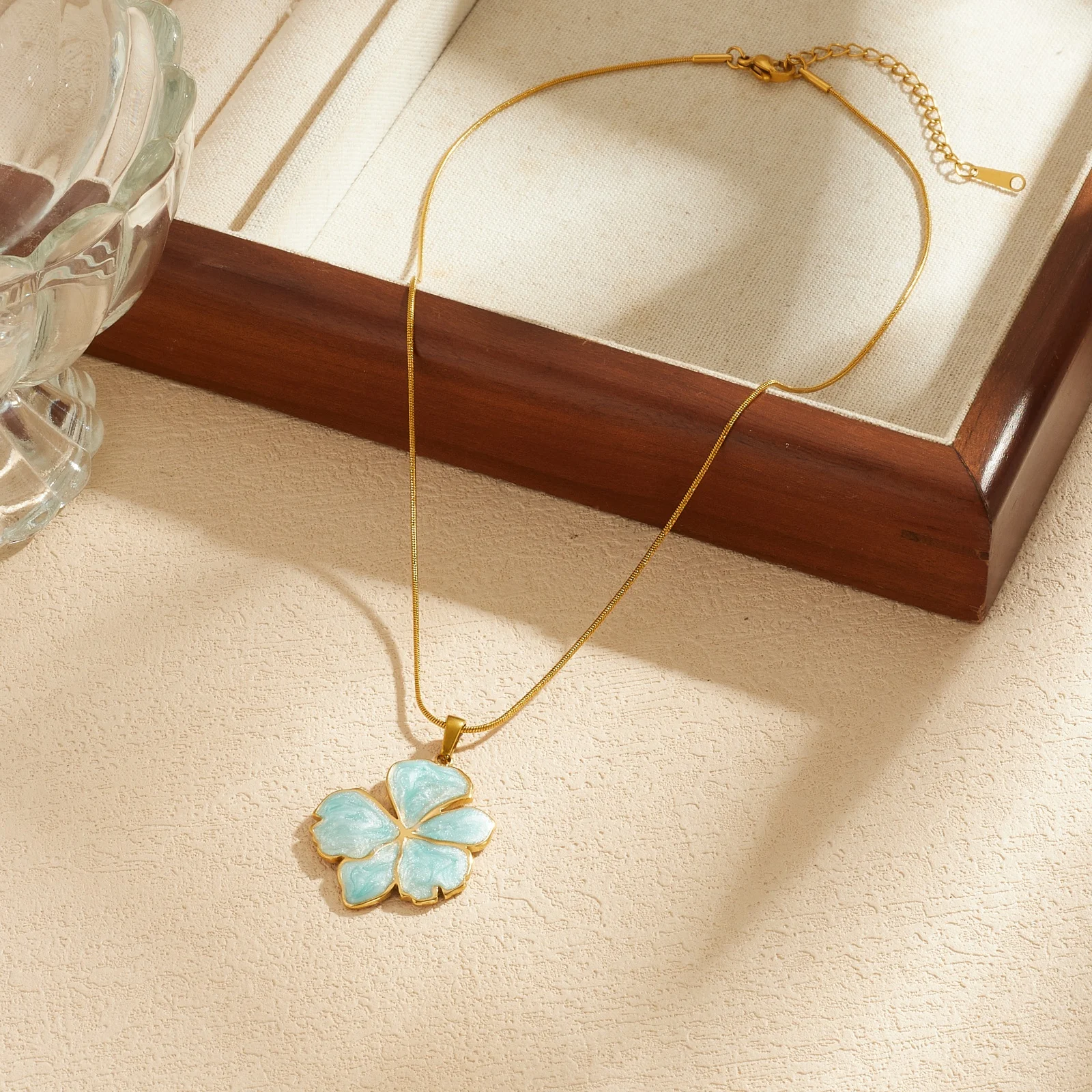 LAMENGLY 316L Stainless Steel Luxury Light Blue Flower Choker Necklace Women Daily Wear Noble Elegant Neck Chain Jewelry