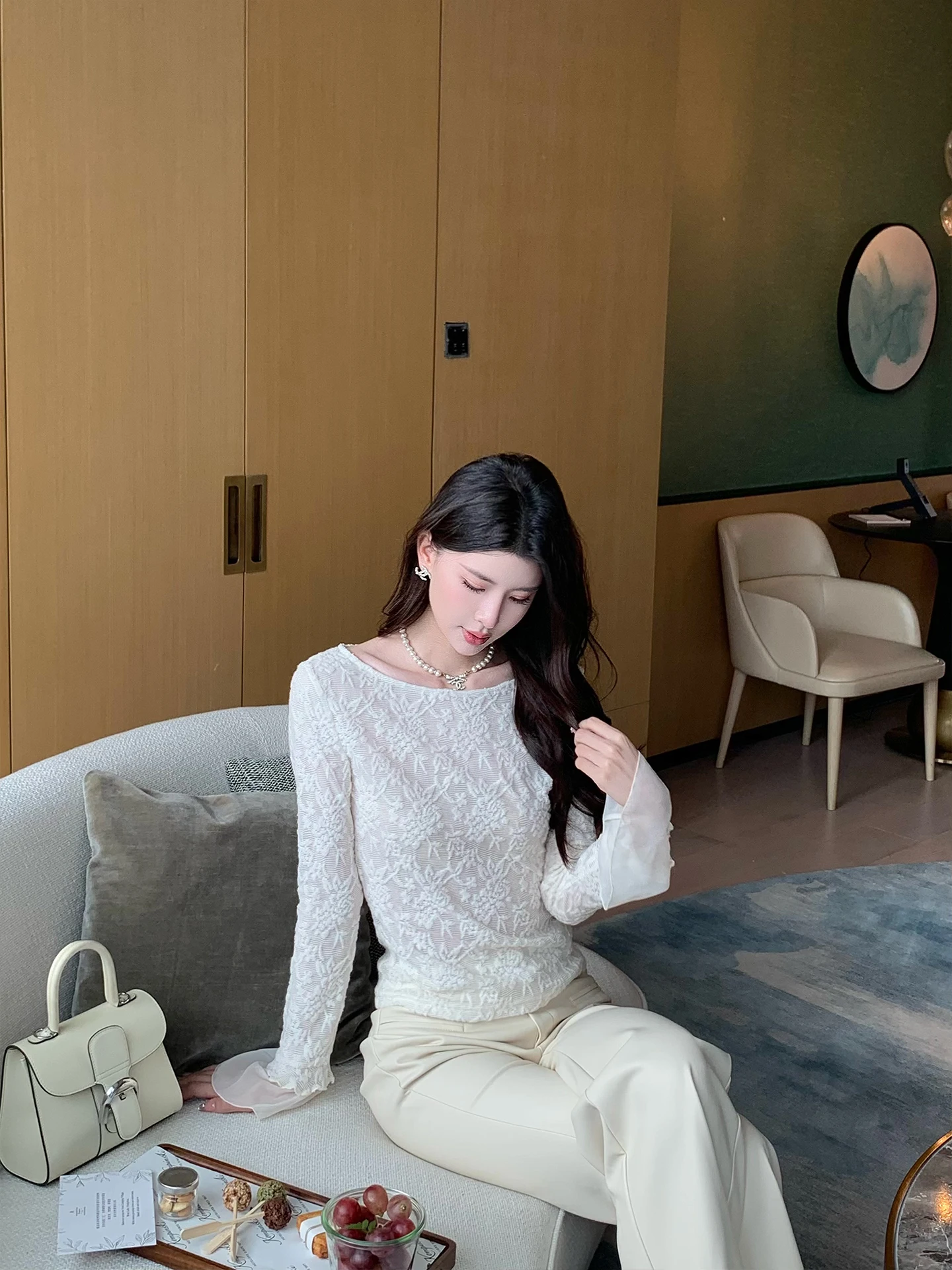 

Kun Total White Mountain Tea Long Sve Knitted Sweater Women's Slim Fit Faion Design Casual Sle Casual Wind