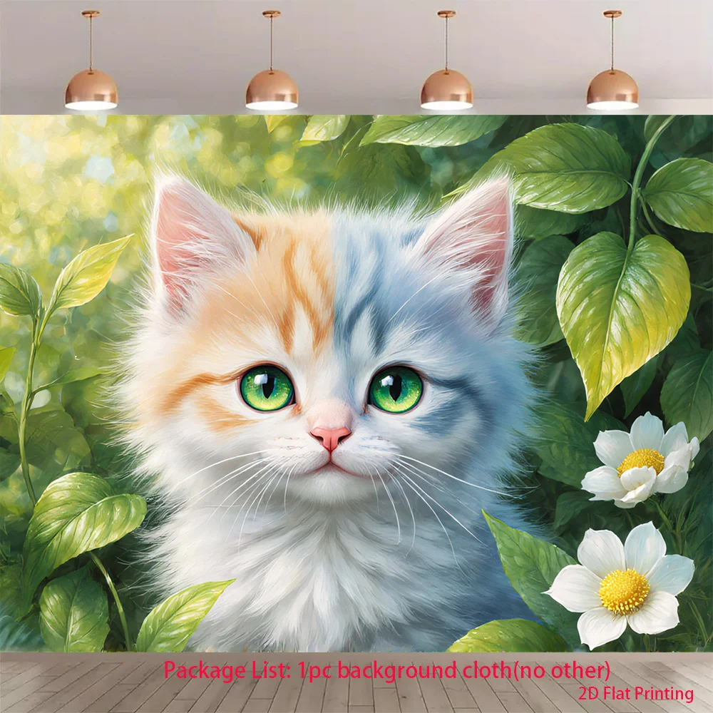 Cute Half Orange Half Blue Cat Tapestry, Green Eye Kitten Wall Hanging for Bedroom Decor, Nature Art Gift