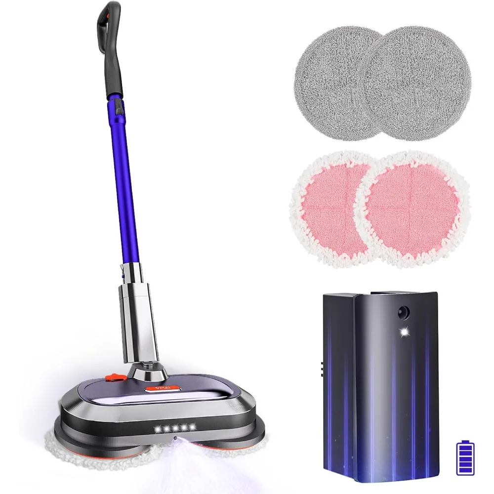 

Электрическая швабра со съемной батареей и резервуаром для воды емкостью 300 мл, вращающаяся швабра со светодиодной фарами и распылителем, для твердой древесины, плитки, ламината