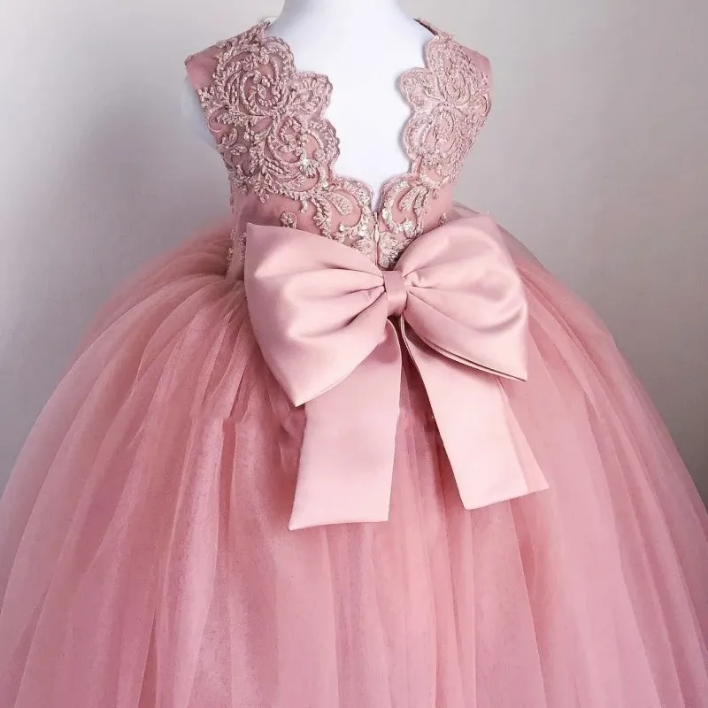 Flower Girl Dresses Rose Pink Gold paillettes girocollo in pizzo con fiocco Fit abiti da principessa di compleanno per feste di matrimonio