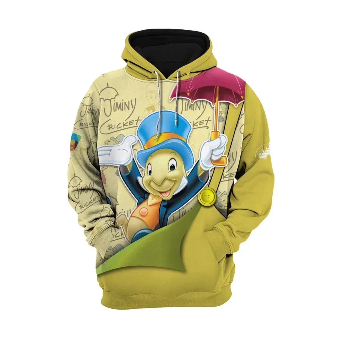 Disney jiminy cricket verde masculino feminino moletom com capuz 3d botão macacão padrões estilista unisex gráfico dos desenhos animados roupa