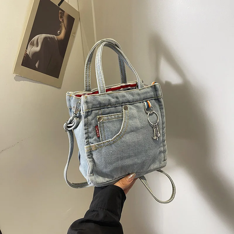 1 solid color washed old denim handbag for women\'s fashion single shoulder crossbody bag