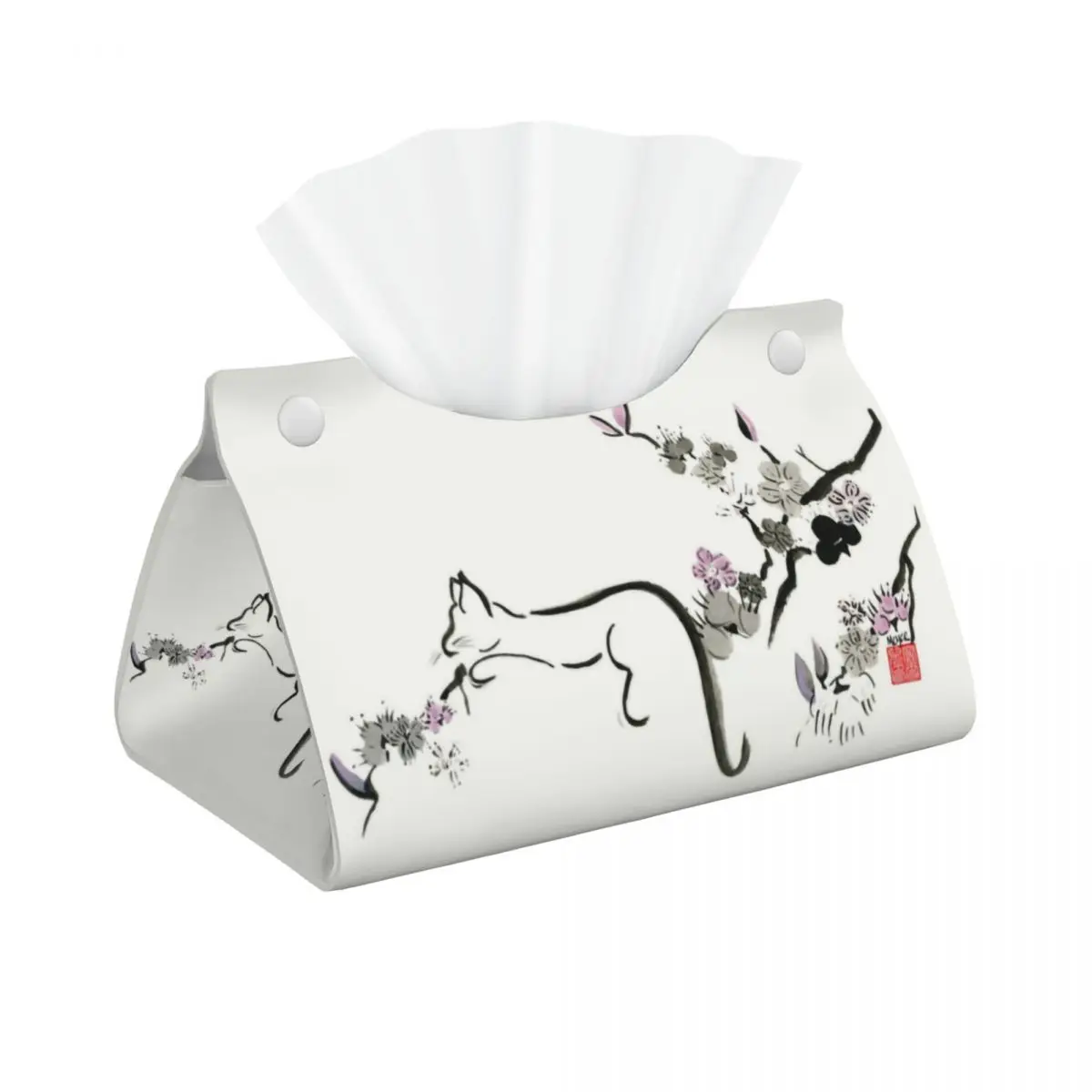 Custom Cat In Cherry Blossom Tree Tissue Box Holder Rectangular Kitten PU Leather Facial Tissue Box Cover for Car Home