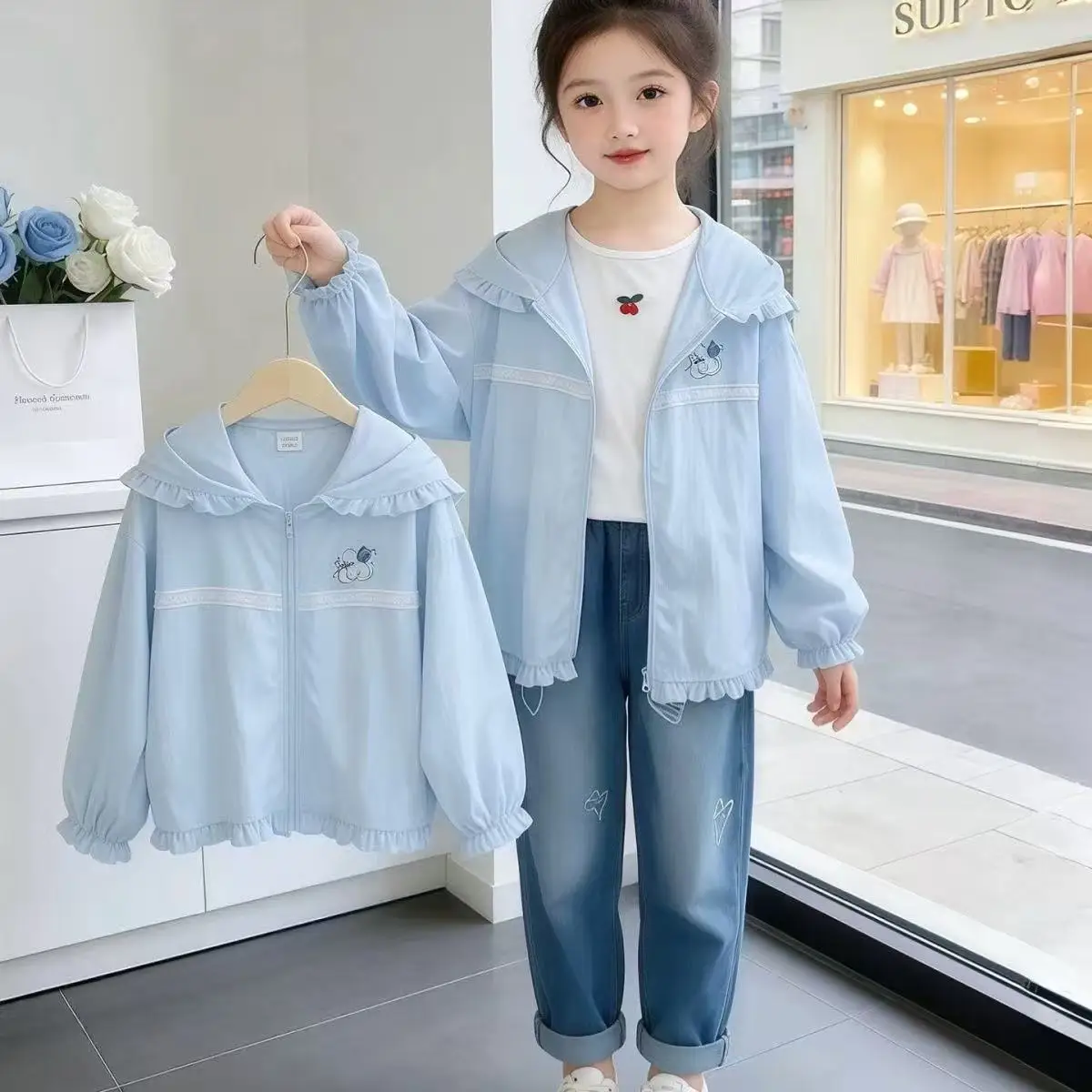 子供用紫外線防止服薄い夏用アウター女の子用ベビー幼児用紫外線防止服屋外用ポリエステル繊維