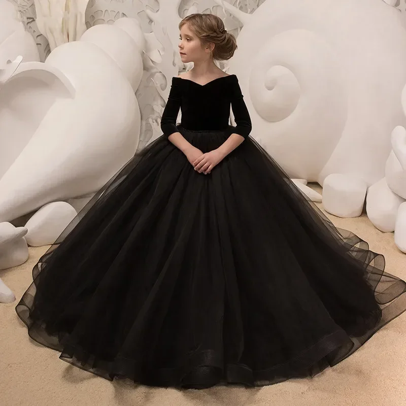 

Kids Girl Ceremony Dress 2024 New Kid Dresses Girls Elegant Long Prom Black Embroidery Children 8 Grade Graduation Party Clothes