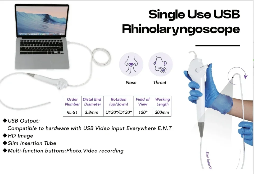 USB 3.8mm Flexible Scope ENT Besdata HD Camera ENT Throat Scope Disposable Rhinolaryngoscope