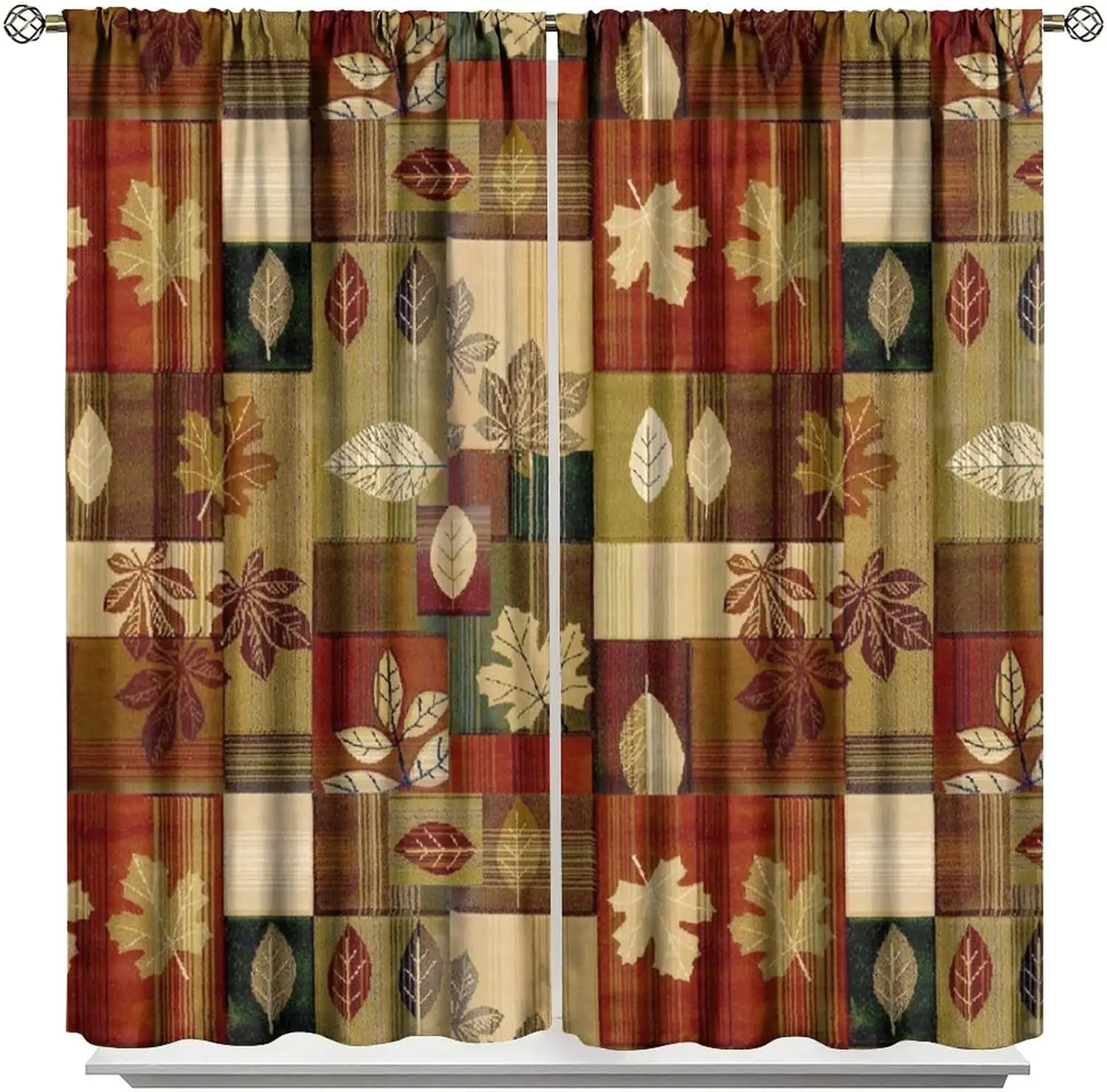 Vintage Patchwork Print Curtains,Autumn Maple Leaves Floral Plant Splicing Design Ethnic Rustic Style Room Darkening Door Window