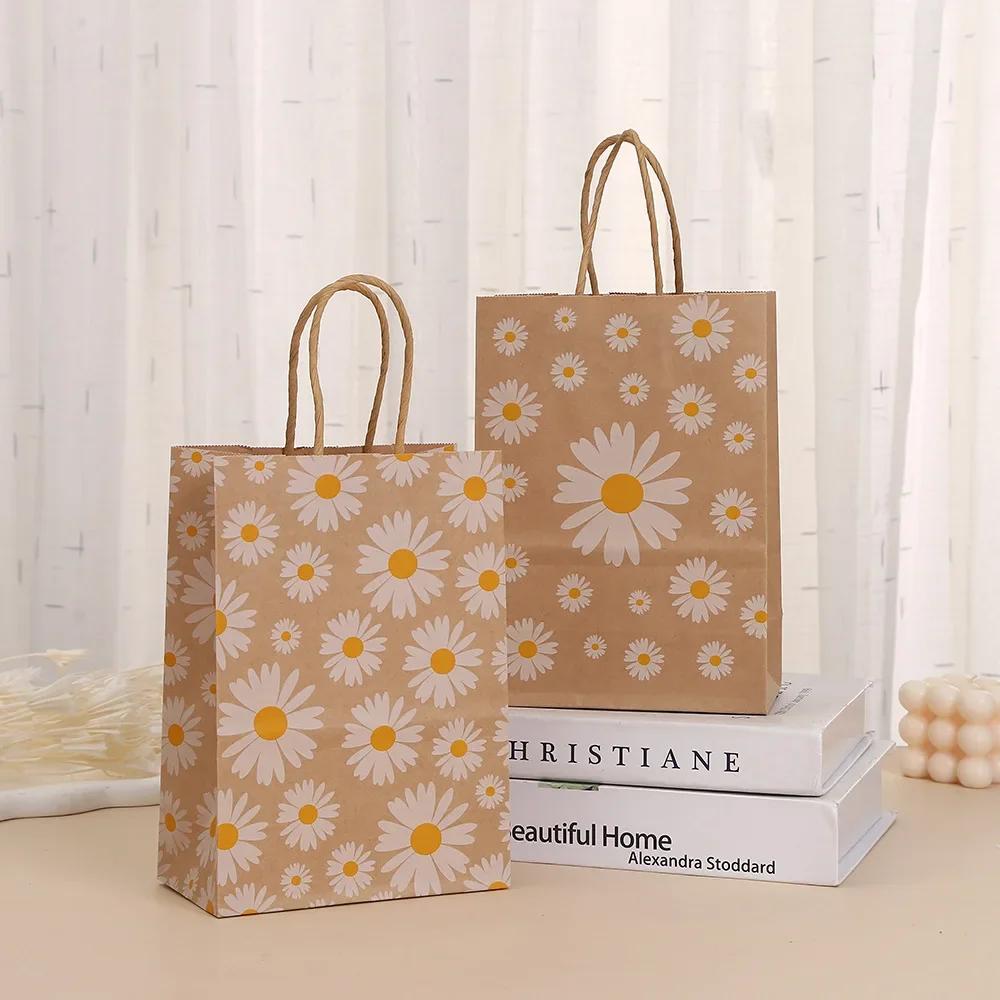 6Pcs Daisy Flower Theme Kraft Paper Gift Packing Tote Bags Candy Cookie Bag for Wedding Baby Shower Birthday Party Decoration