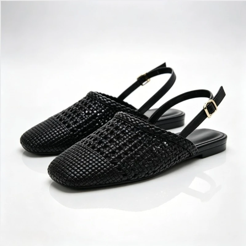 Retro Round Toe Weave Design Women Flat Sandals Breathable Hollow Out Black Vacation Beach Mules Shoes Ladies Summer Footwear