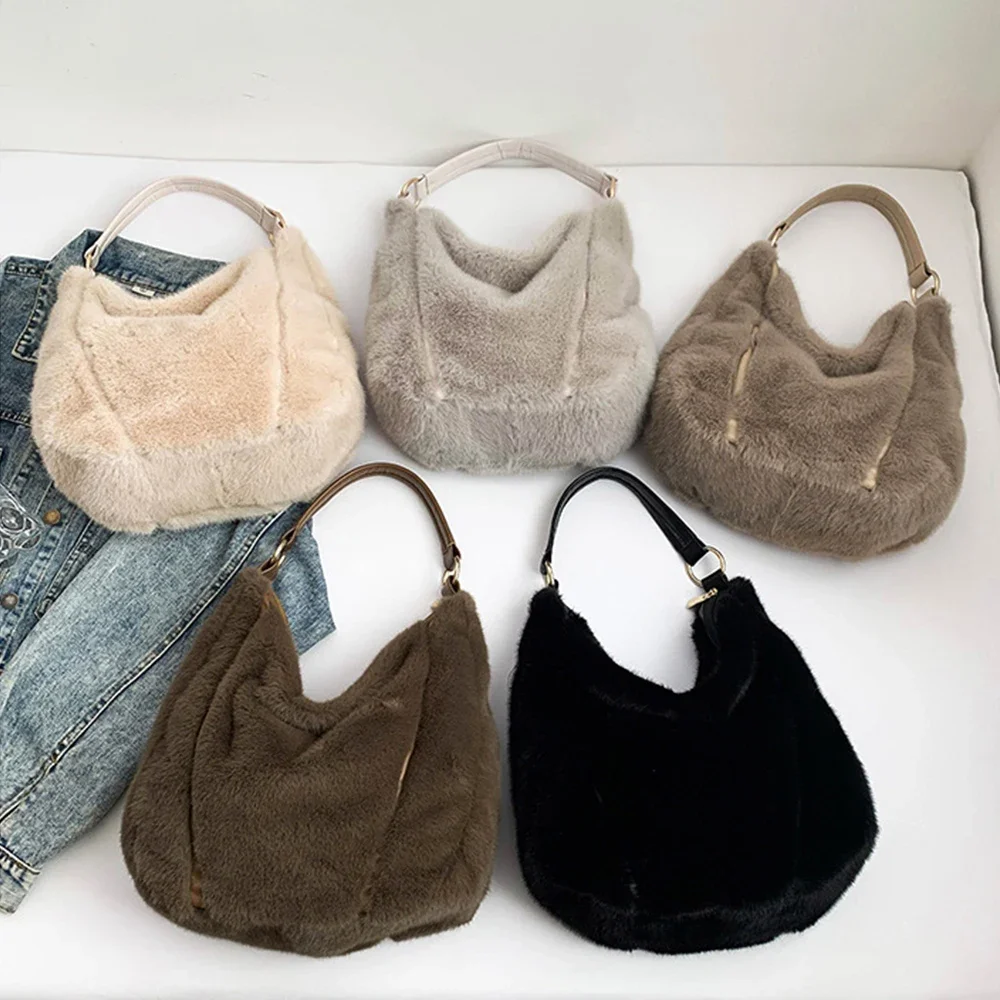 

Fluffy Plush Shoulder Bag Half Moon Faux Fur Bags for Women Quilting Handbags Winter Warm Soft Crossbody Bag Shopper Tote Purses