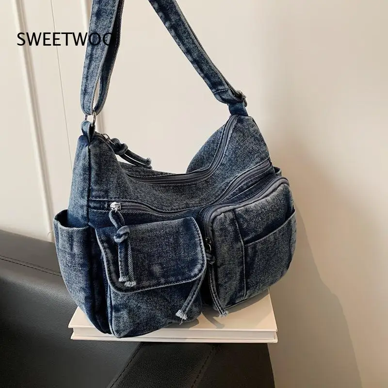 2026 Cargo Multi-Pocket Denim Hobo Tote Bag mit breitem, verstellbarem Riemen – Große Kapazität für Studenten und Pendler – Lässige Umhängetasche