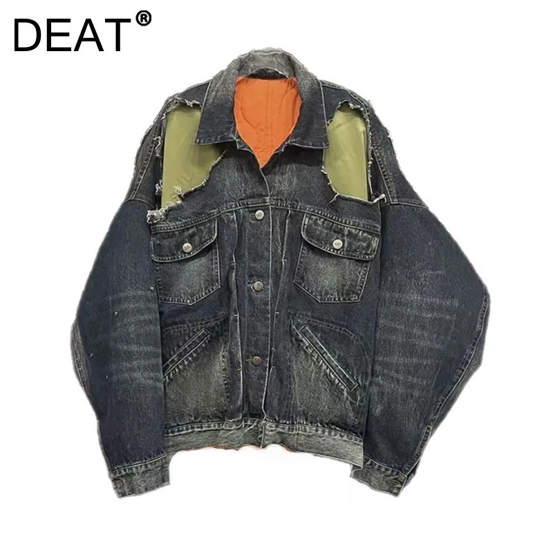 DEAT Women's Denim Coat Patchwork Contrast Colorcotton-padded Broken Holes Loose Jakcets 2024 Winter New Fashion 11A02146