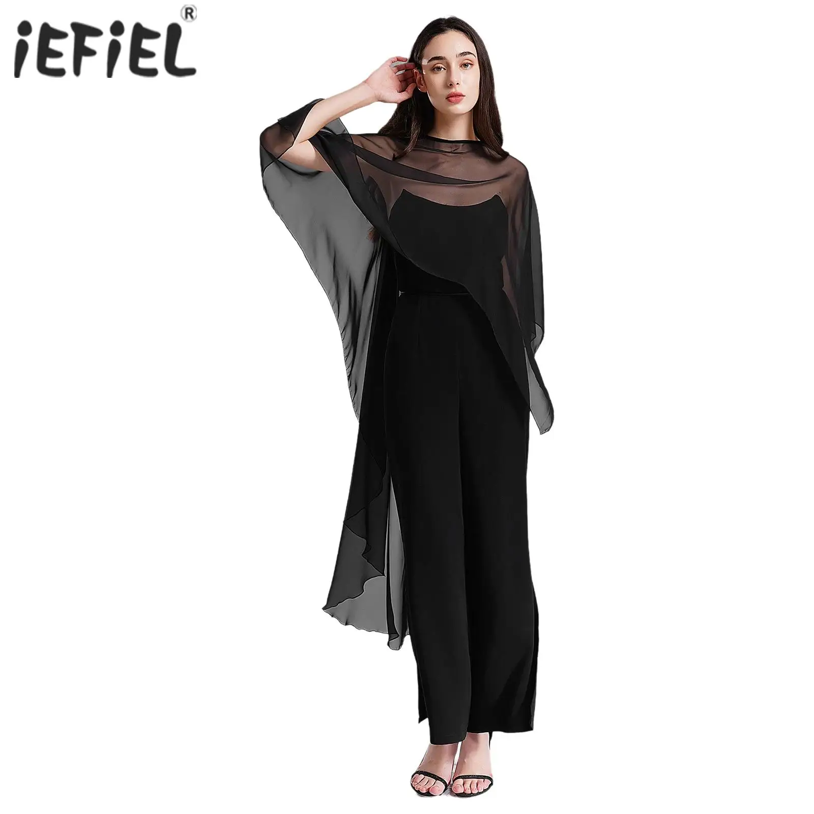 Women\'s Chiffon Shrug Sheer Cardigans Cover-Ups Round Neck Batwing Sleeve See-Through High Low Hem Shawl Tops Beachwear Coat