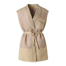 2024 Women Winter Cashmere Leather Vest Female Lambskin Suede Belt Wool Warm V-neck Sleeveless Jacket