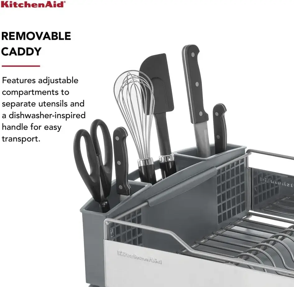 Kitchenaid-prateleira de cozinha de grande capacidade, tamanho completo, prateleira sem ferrugem, placa de drenagem e transportador de talheres removível, cinza claro