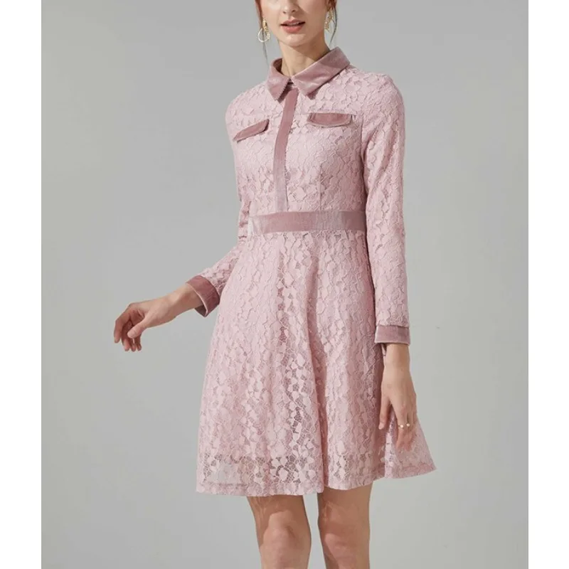 

Tinaa Pink Womens Dresses Plus Size Autumn Winter Office Lady Elegant Turn Down Collor Long Sleeve Patchwork Lace Dress 166789