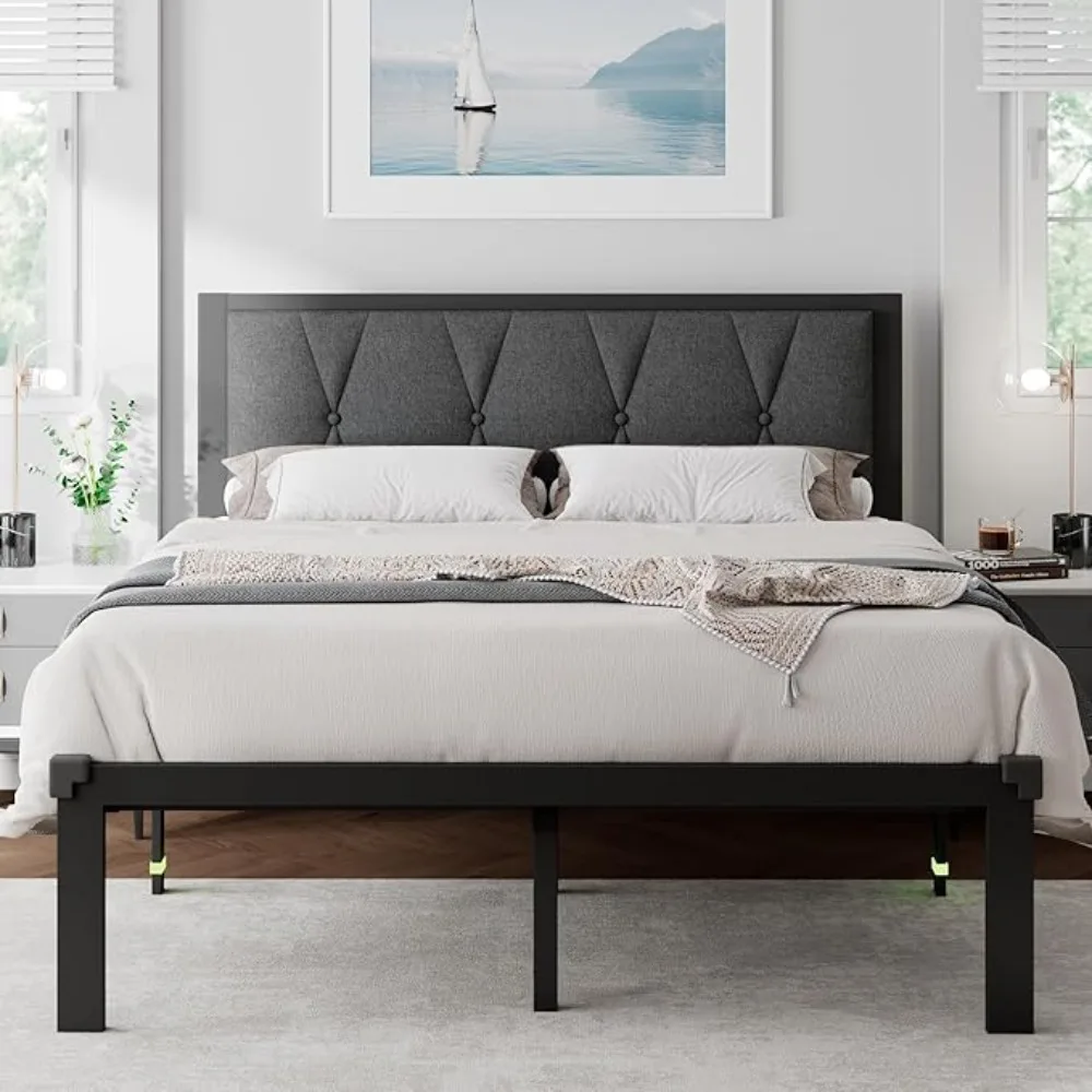 

Queen Size Metal Bed Frame with Fabric Button Tufted Headboard, Platform Bed Frame with Heavy Duty Metal Slats 12" Storage Space