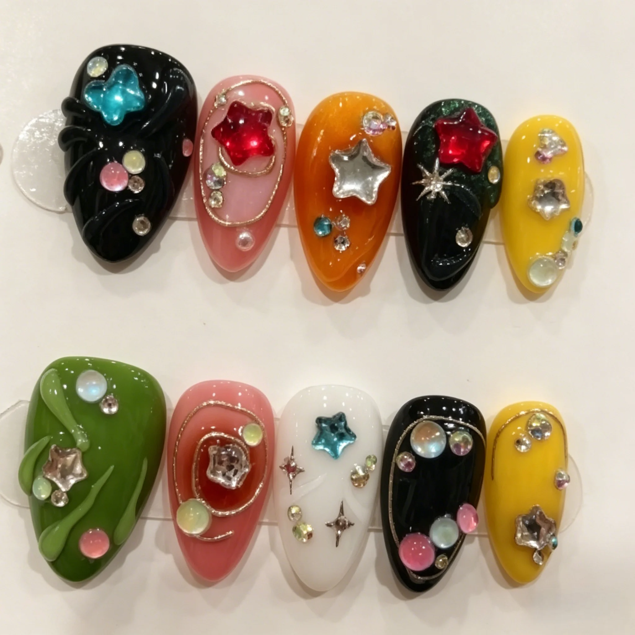 10pcs Handmade Y2K Press On Nails Short Almond Fake Nails with 3D Star Charms & Colorful False Nail for Women&Girl Fake Nail