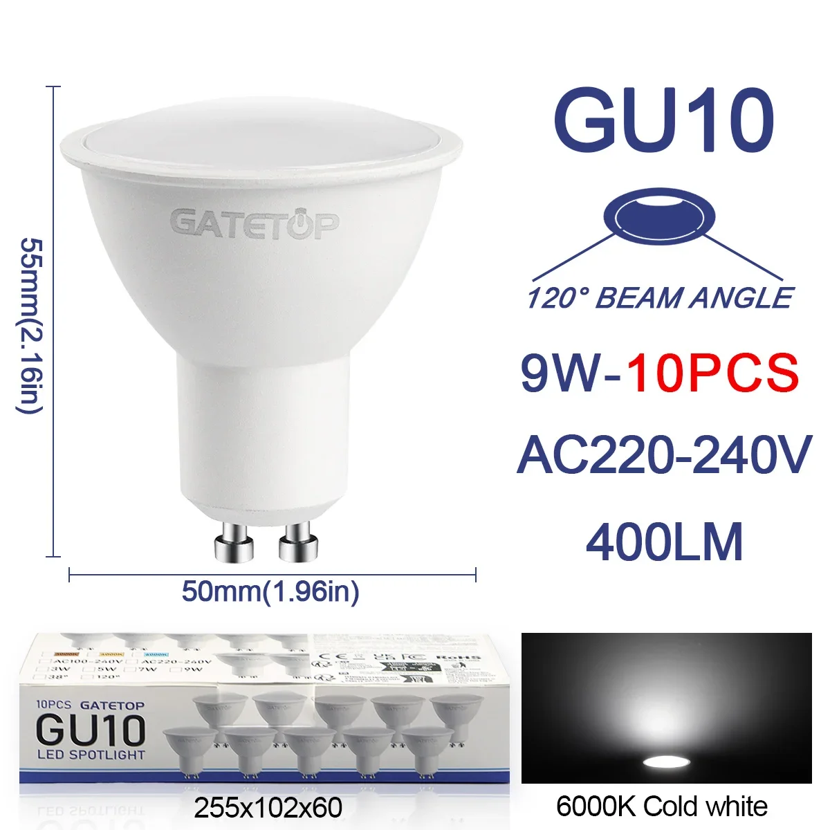10er-Pack Focos Gu10 Spotlight Lampe 220V LED-Birne Großhandel 9W Weiß Warm 3000K 6000K Geeignet für Wohn- und Gewerbegebäude