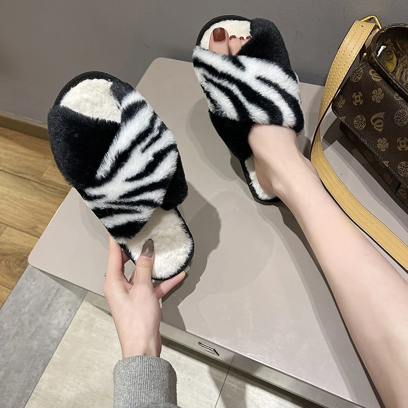 Fashion mixed color Striped Cross Strap Women Cotton Slippers Winter Plush Open Toe Warm Lightweight Comfort Indoor House Shoes