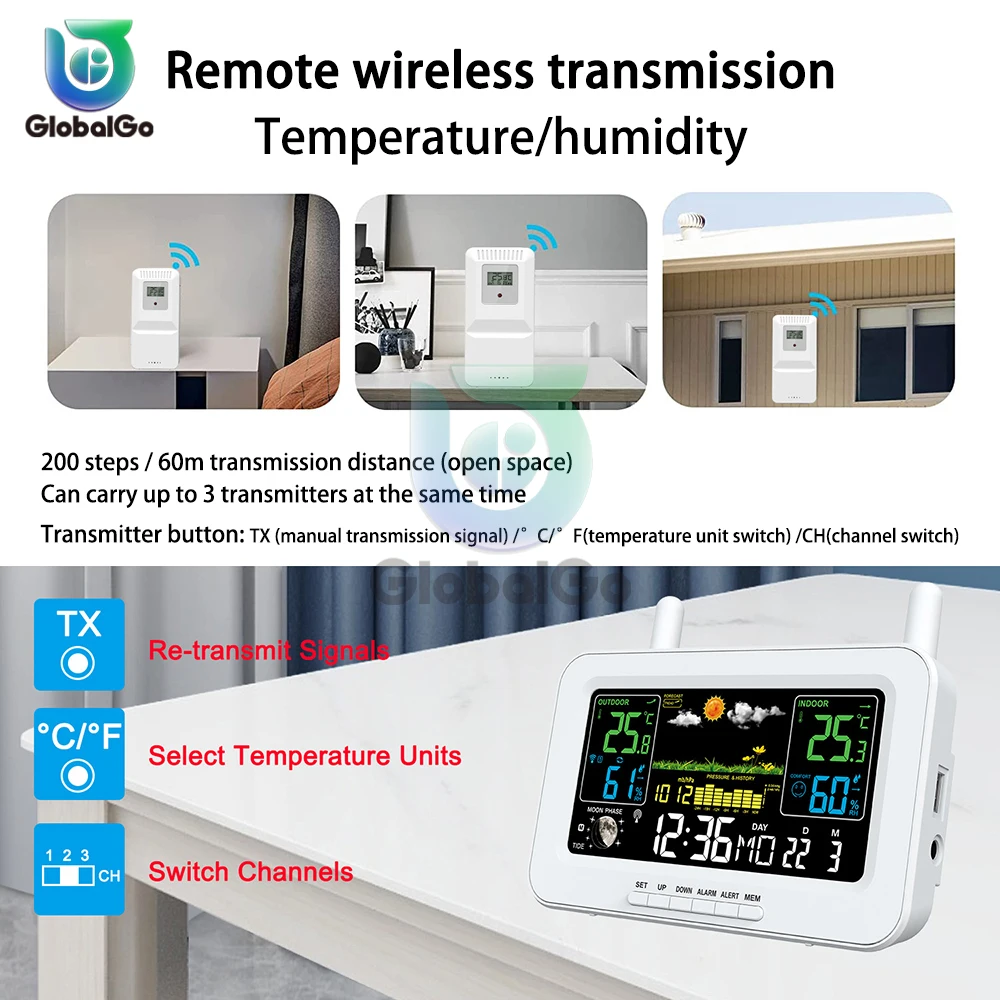 Weather Station Alarm Clock Sunrise and Sunset Thermometer Hygrometer with Wireless OutdoorSensor Temperature Humidity Monitor