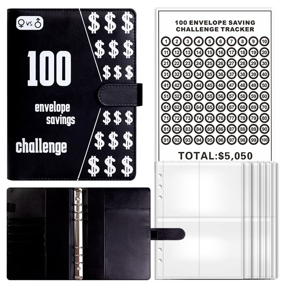 100 Envelope Challenge Binder, A5 Savings Binder with Cash Envelopes,Budget Binder for Planning and Saving Black